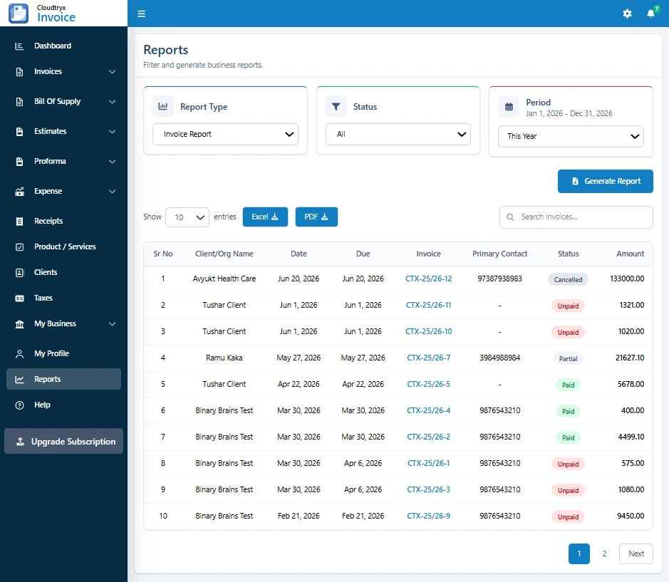Cloudtryx Invoice Reports